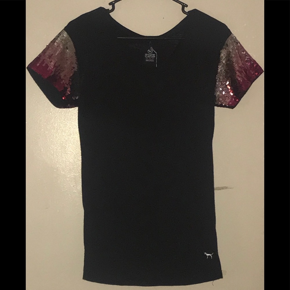 VS Pink black t-shirt with ombré sequin sleeves